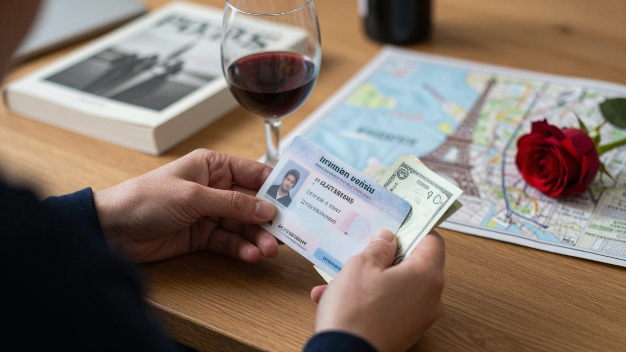 A woman&#039;s hands holding an ID and cash on a wooden table with wine and a rose.